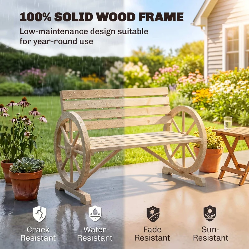 Outsunny Wagon Wheel Chair Bench Armrest Rustic Loveseat Wood Outdoor Garden, Natural