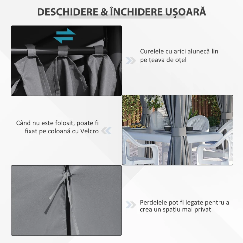 Outsunny Gazebo din Oțel 3x4 m cu Acoperiș din Material Textil și 6 Perdele Detașabile, Gri
