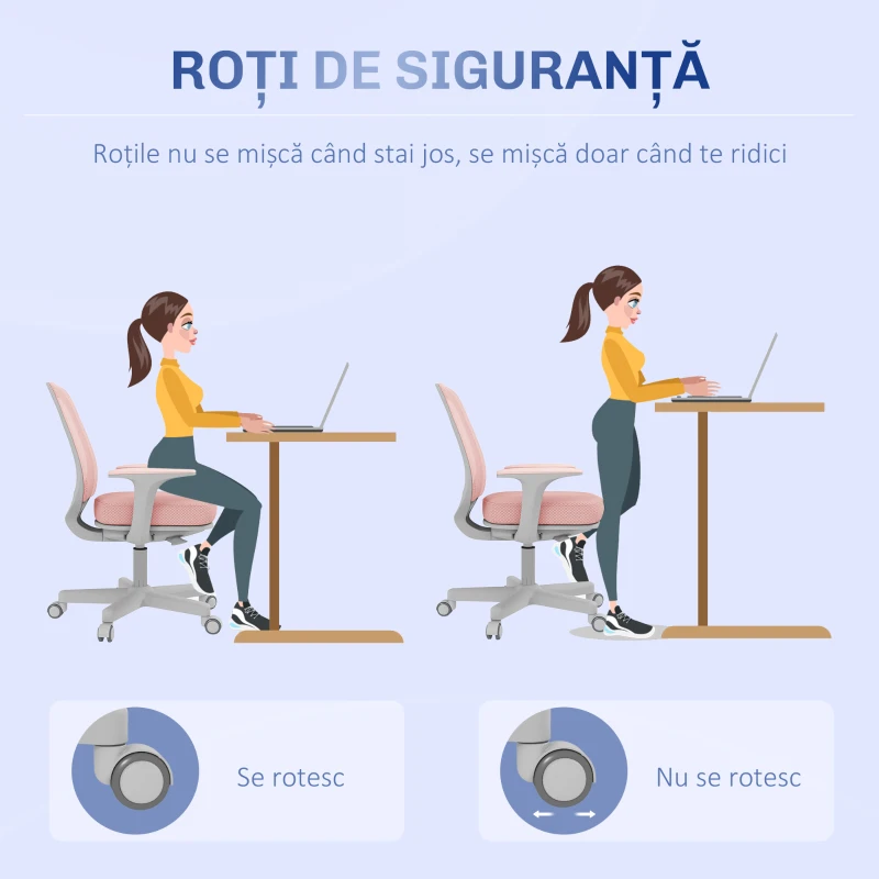 Vinsetto Scaun de birou ergonomic, reglabil pe înălțime, cu 5 roți, 55x48x82.5-94.5 cm, roz