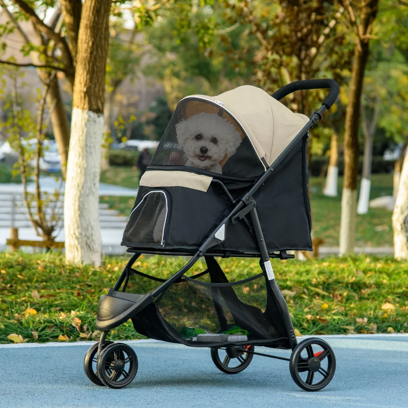 PawHut Haustierbuggy Hundebuggy, klappbar, mit Regenschutz, 2 Getränkehalter, Blau +  Khaki(m-10)