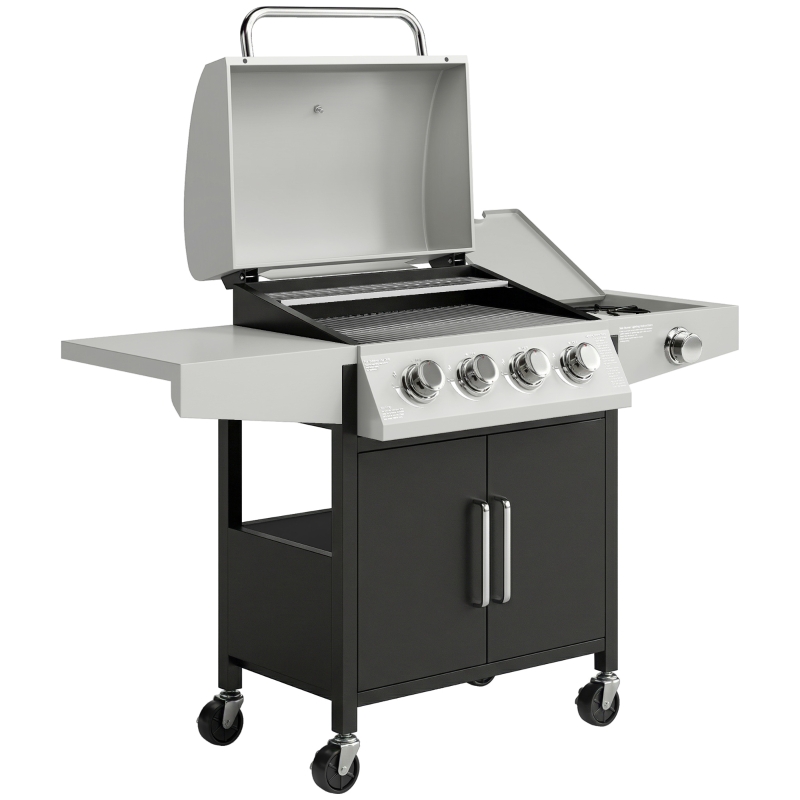 Outsunny 4+1 Burner Gas BBQ Grill with Side Burner, 14.5 kW Steel Portable Gas Barbecue Grill with Built-in Thermometer, Lid
