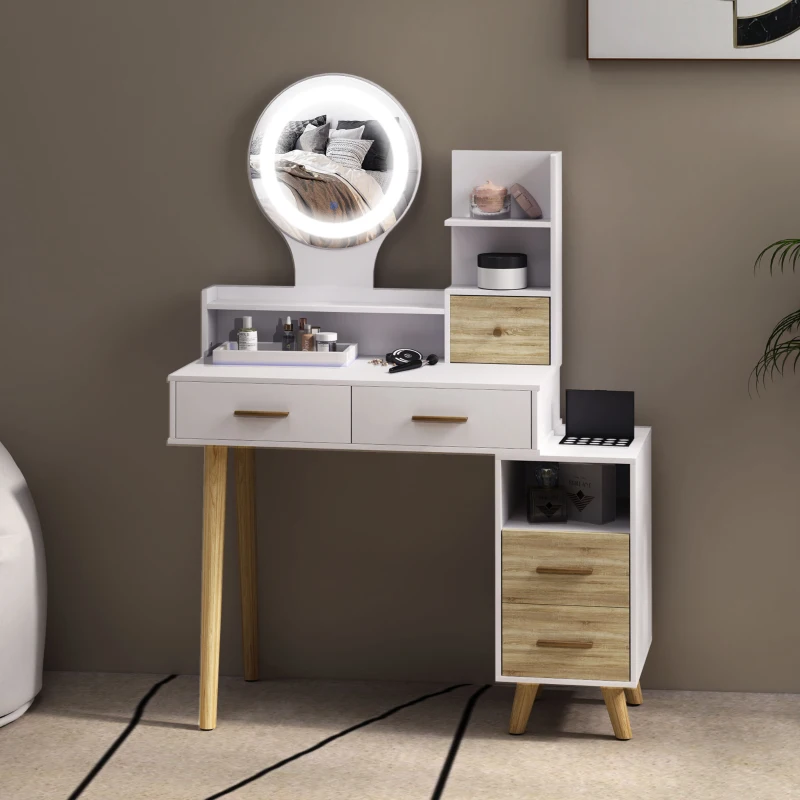 HOMCOM Tocador con Espejo y Luces LED Ajustables con 5 Cajones 4 Compartimentos y 1 Estante 100x44x137 cm Blanco y Natural