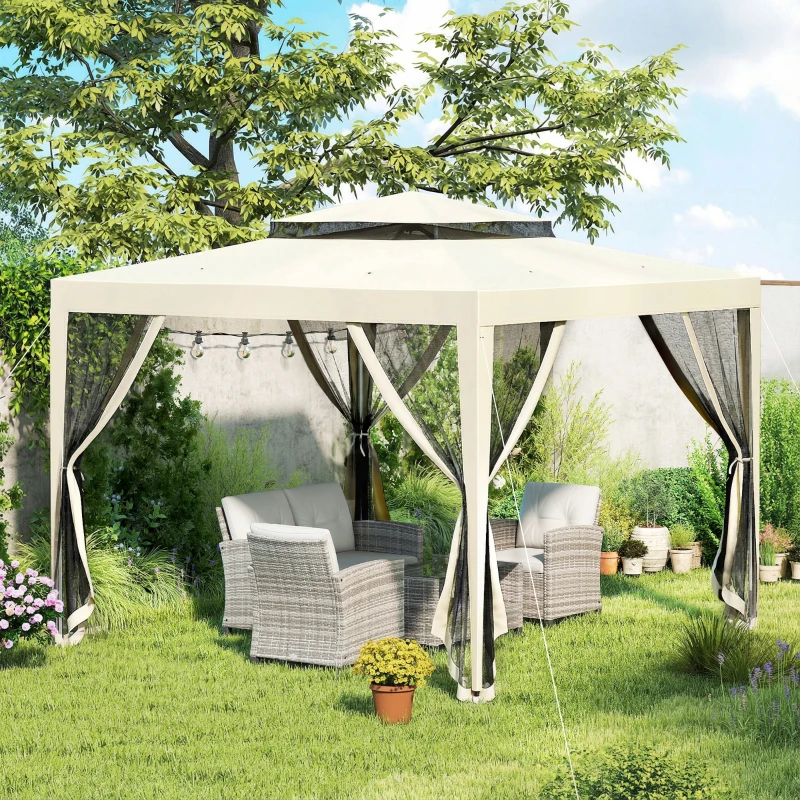 Outsunny Carpa de Jardín 3x3 m Cenador Gazebo con 4 Mosquiteras Laterales Techo Doble 8 Orificios de Drenaje Marco de Metal Beige
