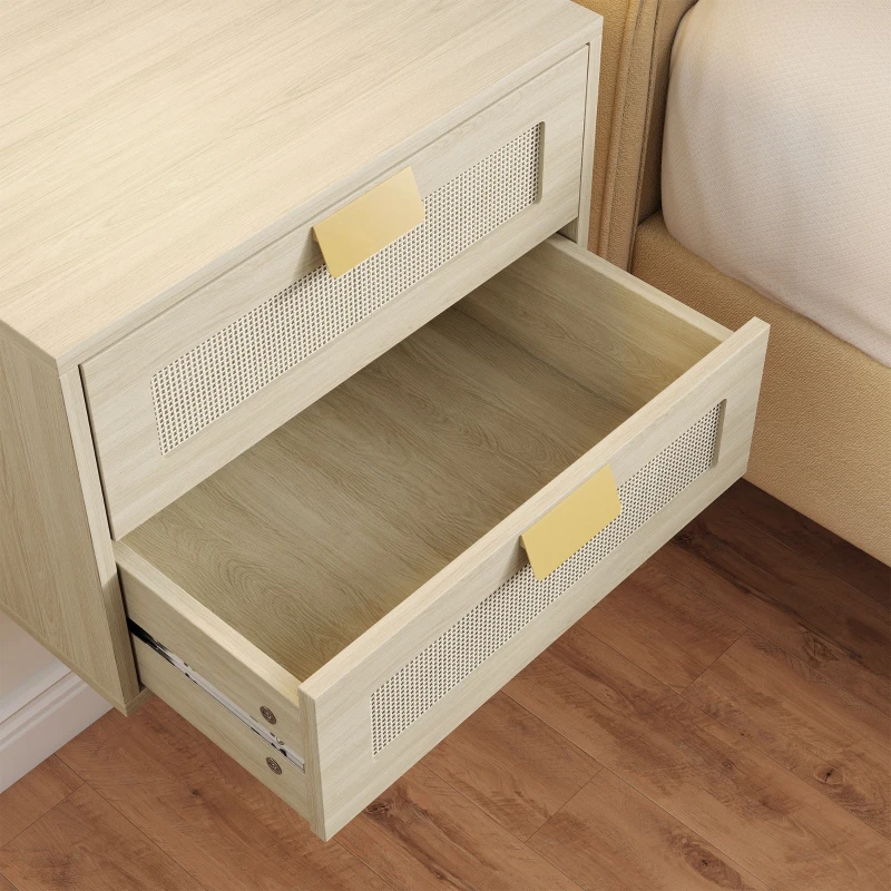 HOMCOM Modern Floating Nightstands Set of 2, Wall Mounted Bedside Tables with 2 Drawers, Oak