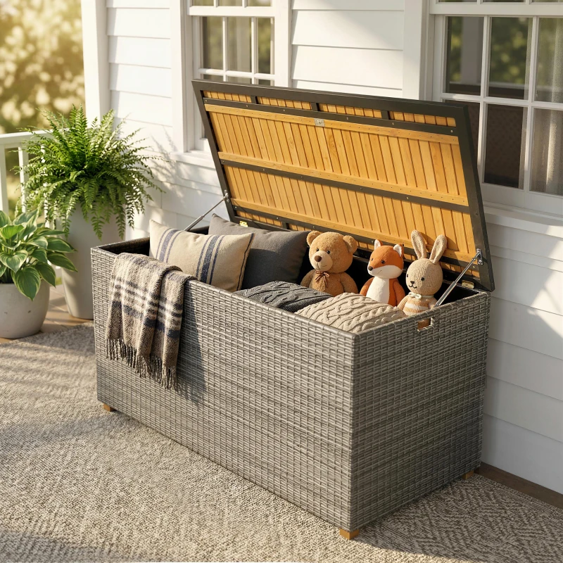 Outsunny Gartenbox 450 L Polyrattan wasserdicht Auflagenbox mit FSC-Holz-Deckel Gasdruckfedern Innenfutter