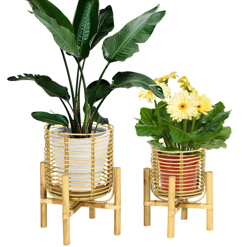 Outsunny 2er-Set Pflanzenständer, groß und klein, Körbe aus Rattan, Ständer aus Naturholz