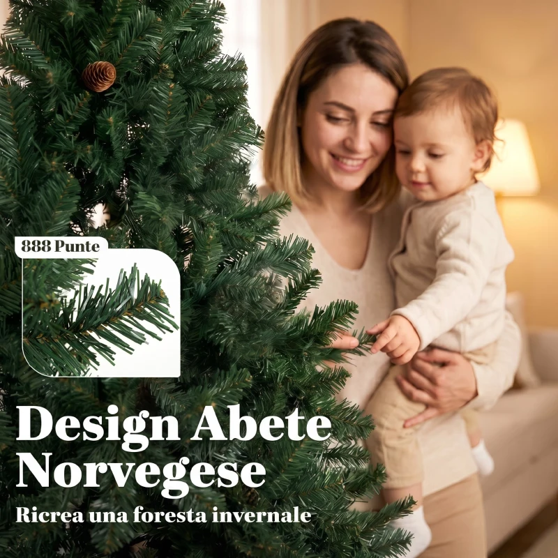 HOMCOM Albero di Natale 180 cm Artificiale con 888 Rami Ignifughi, Base in Metallo Pieghevole, Verde