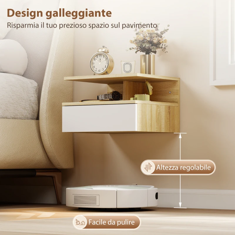 HOMCOM Set da 2 Comodini Sospesi con Cassetto e Ripiano Superiore, in Legno, 35x32x22.5 cm, Bianco e Rovere