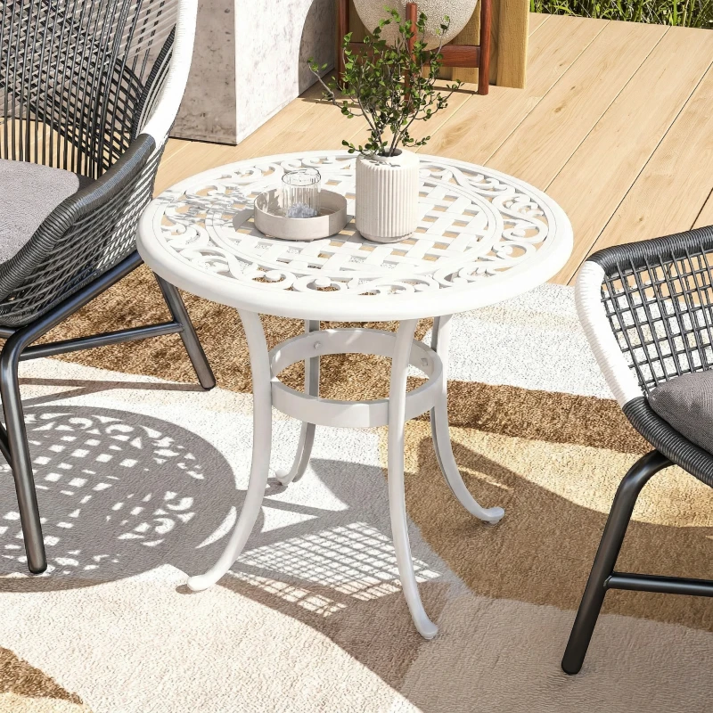 Outsunny 60 cm Round Garden Table, Cast Aluminium Outdoor Patio Table, White