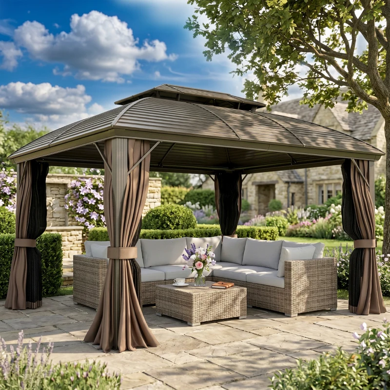 Outsunny 3.65 x 3(m) Hardtop Steel Gazebo Canopy with Aluminium Frame, Double Roof, Net Sidewalls and Curtains, Coffee