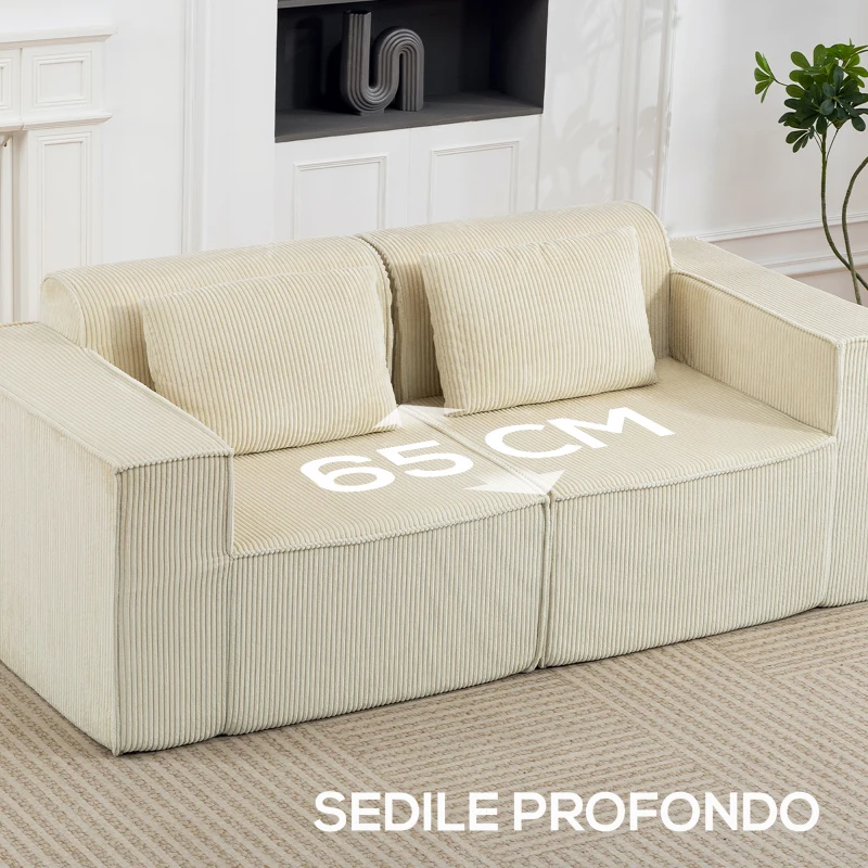 HOMCOM Divano 3 Posti Modulare con Seduta Profonda, Braccioli Larghi e 2 Cuscini in Velluto a Coste, Beige