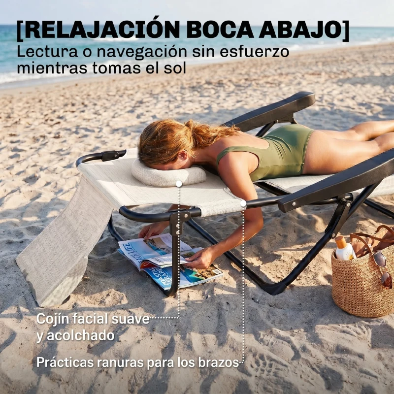 Outsunny Tumbona de Jardín Plegable con Respaldo Ajustable en 4 Niveles Orificio de Lectura y Reposacabezas 145x72x89 cm Crema