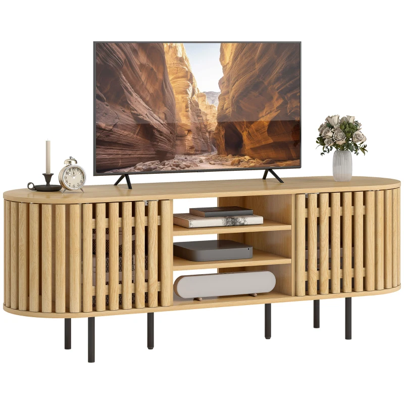 HOMCOM Meuble TV, meuble télé pour téléviseur 60 pouces, 2 portes à lattes, 140x40x52cm, bois naturel