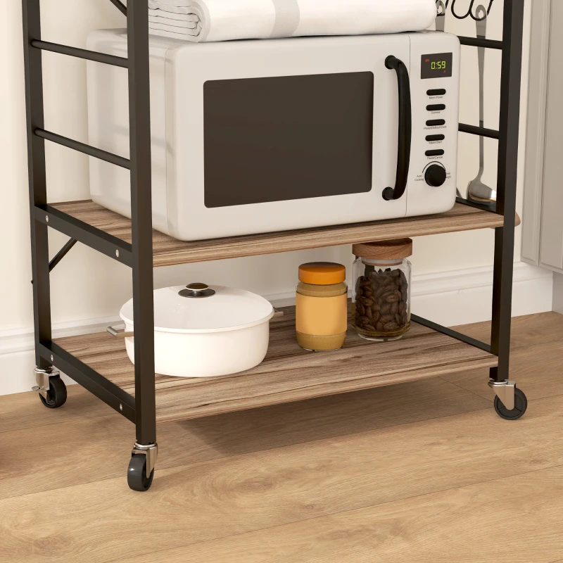 HOMCOM Scaffale da Cucina a 3 Livelli Stile Industriale con Ruote e 4 Ganci, Struttura in Acciaio, 60x40x84 cm, Teak