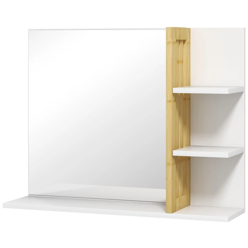 HOMCOM Bamboo Panel Bathroom Mirror, with Shelves - White