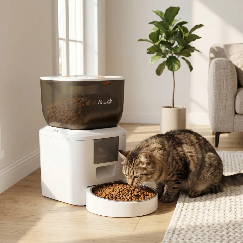 PawHut Distributore Automatico Cibo Gatti 4L WiFi 2.4G, App Controllo con Registratore 10s, Ciotola, Bianco