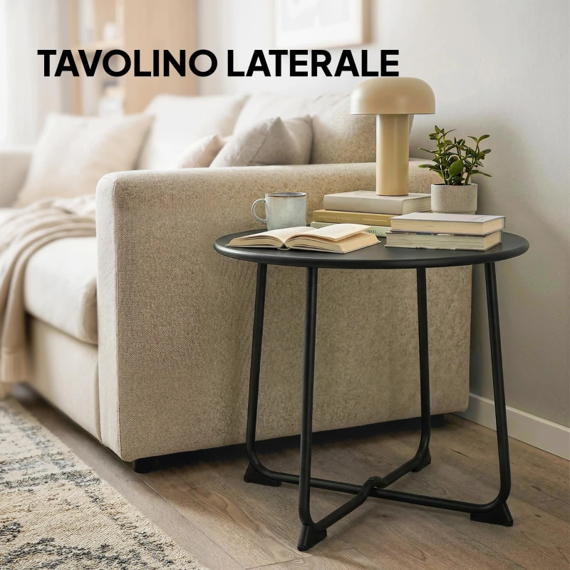 Outsunny Tavolino da Caffè da Esterno Rotondo 50 cm, Tavolo in Metallo con Base a X e Piedini Antiscivolo, Nero