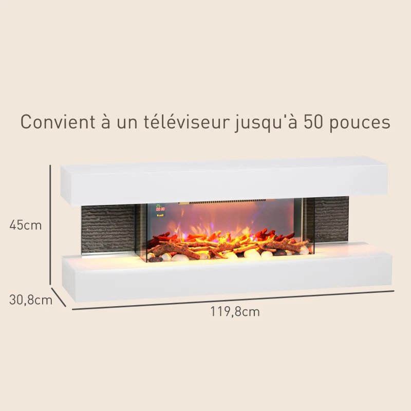 HOMCOM Cheminée électrique 120 cm murale, cadre en verre, effet de flamme LED réglable, télécommande, 2000W