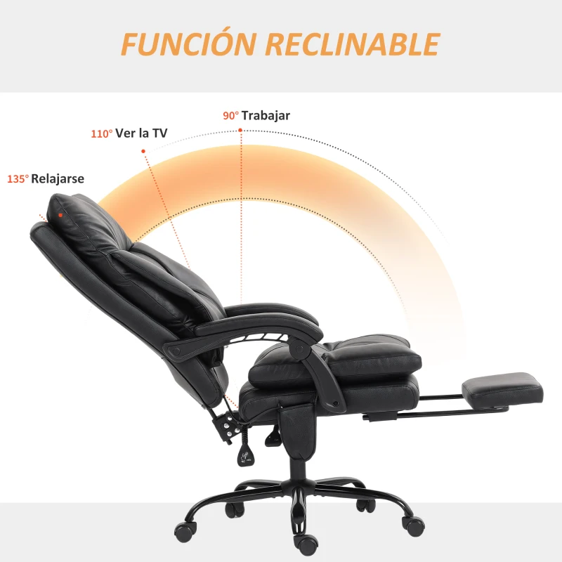 HOMCOM Silla de Escritorio con Soporte Lumbar Inflable Tapizada en PU Reposapiés Respaldo Reclinable Altura Ajustable Negro