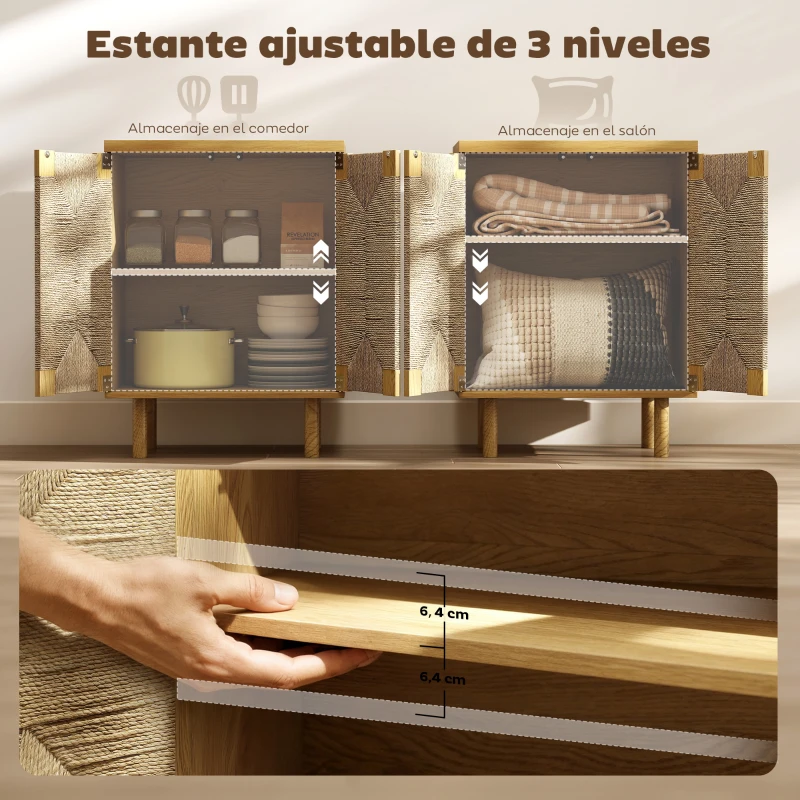 HOMCOM Aparador Bohemio de 2 Puertas con Cuerda Tejida a Mano Estante Ajustable Apertura por Presión Roble 60x40x78 cm