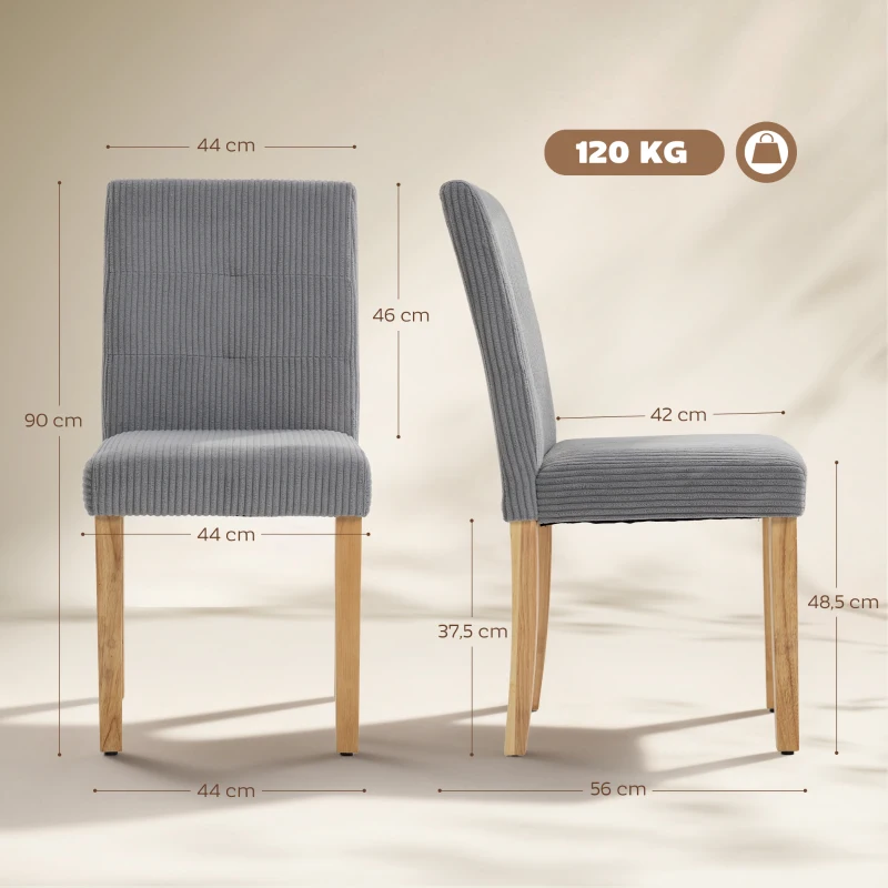 HOMCOM Pack de 4 Sillas de Comedor Respaldo Alto Tapizadas en Pana Asiento Acolchado Patas de Madera para Salón Gris