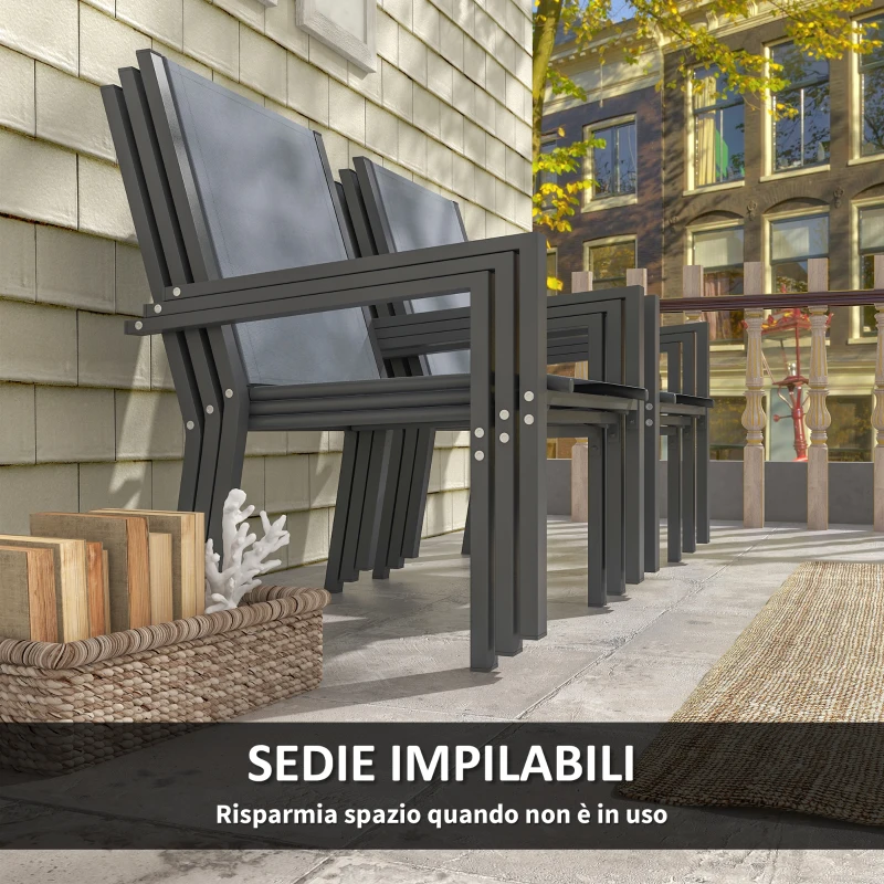 Outsunny Set da Giardino con 6 Sedie Impilabili e Tavolo da Pranzo Rettangolare, Grigio Chiaro