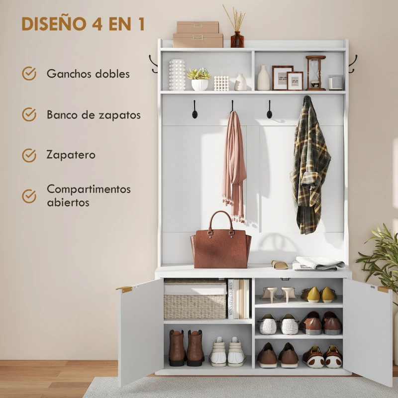 HOMCOM Perchero Zapatero 4 en 1 Perchero Moderno con Estante Abierto para Pasillo Entrada Dormitorio 100x38x172 cm Blanco