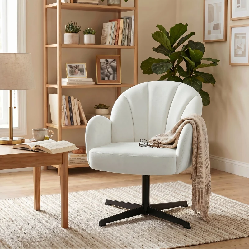 HOMCOM Sillón de Salón Giratorio Butaca de Salón Tapizada Terciopelo con Respaldo en Forma de Concha Cojín con Resortes Crema