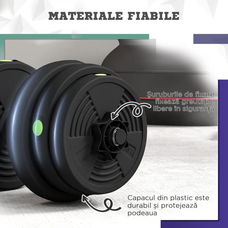 SPORTNOW Set 2 în 1 cu 2 Gantere Convertibile în Bară, Greutate Totală 25 kg și Discuri Reglabile, Negru