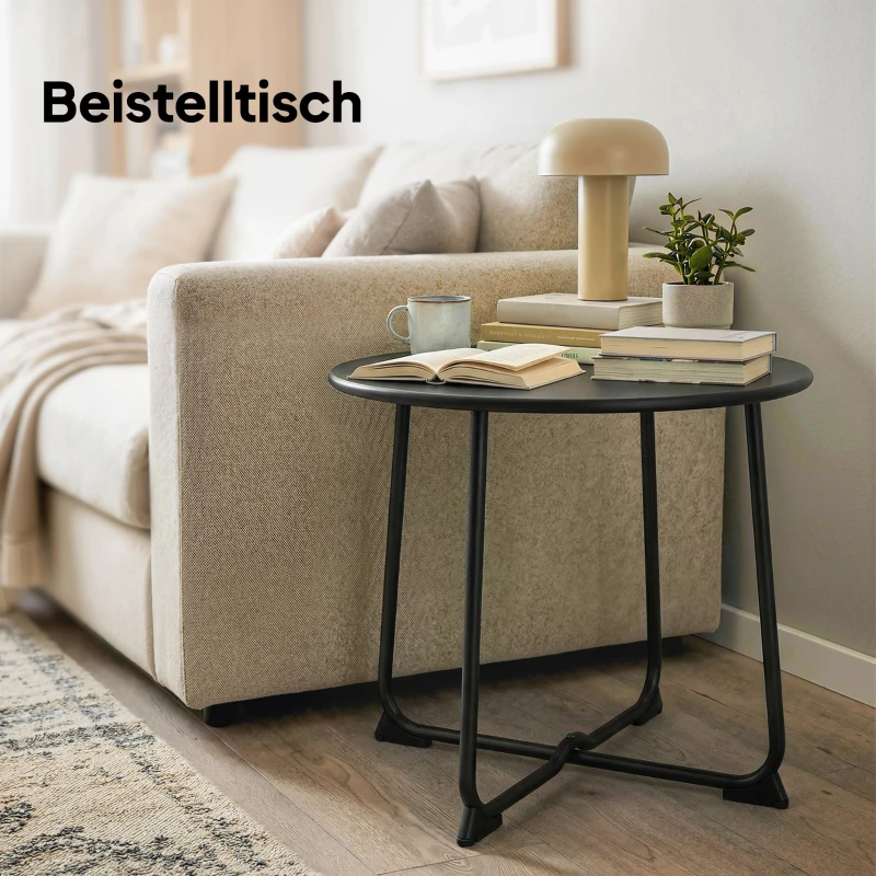 Outsunny 50 cm Runder Outdoor-Tisch, Metall Gartencouchtisch mit X-förmigem Gestell und rutschfesten Füßen, Schwarz
