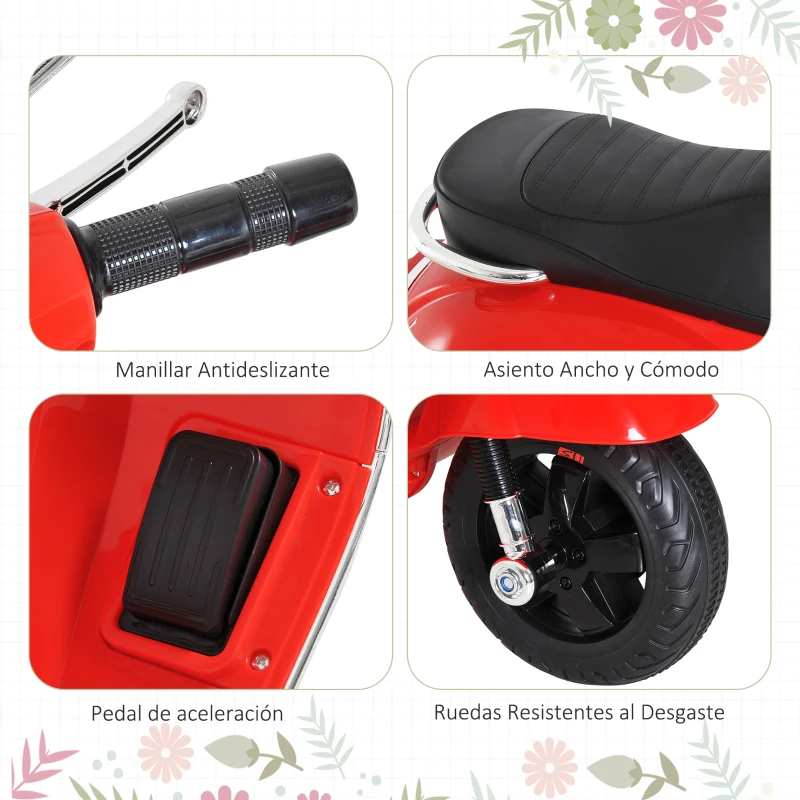 HOMCOM Moto Eléctrica Infantil Coche Triciclo Vespa Scooter Eléctrico a Batería con Luz MP3 USB Bocina para Niños Más de 3 Años Carga 25kg Rojo