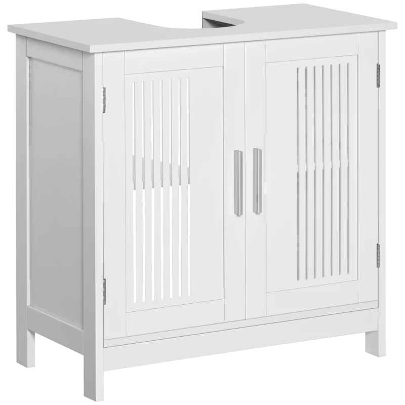 kleankin Meuble sous lavabo salle de bain - meuble sous-vasque - 2 portes rainurées avec étagère réglable - poignées alliage aluminium - dim. 60L x 30l x 60H cm - MDF blanc