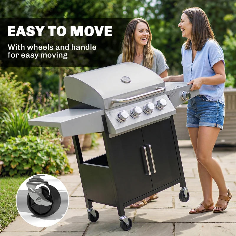 Outsunny 4+1 Burner Gas BBQ Grill with Side Burner, 14.5 kW Steel Portable Gas Barbecue Grill with Built-in Thermometer, Lid