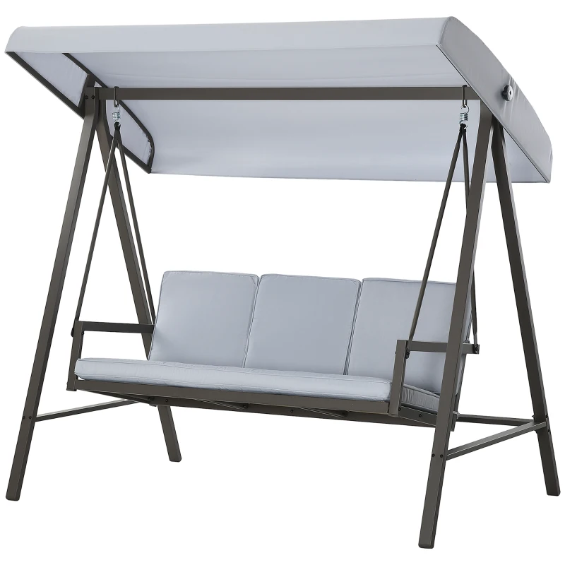 Outsunny Balancín de Jardín de 3 Plazas Columpio Exterior Jardín con Toldo Ajustable Cojines Extraíbles 200x125x175 cm Gris
