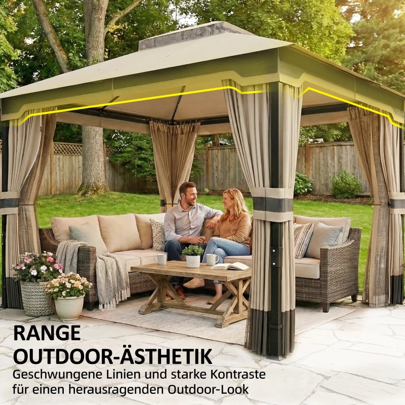 Outsunny Pavillon 3,6x3 m Wasserabweisend Stabil Winterfest Gartenpavillon mit Doppeldach Moskitonetz Seitenteile Abflusslöcher