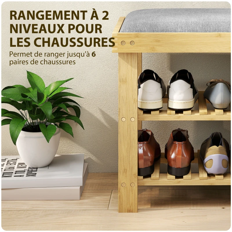 HOMCOM Banc à chaussures en bambou, étagère à chaussures à 3 niveaux, style scandinave, 60 x 29 x 49 cm, gris et bois naturel