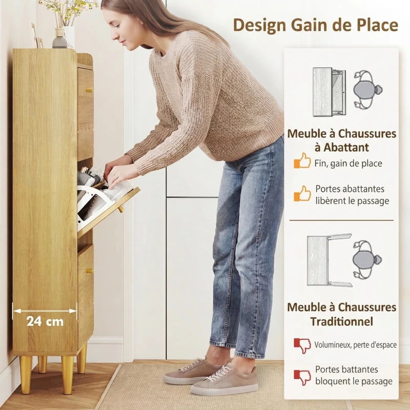 HOMCOM Meuble à chaussures 18 paires, armoire à chaussures étroite, 3 tiroirs rabattables étagères réglables, 60x24x128cm, chêne