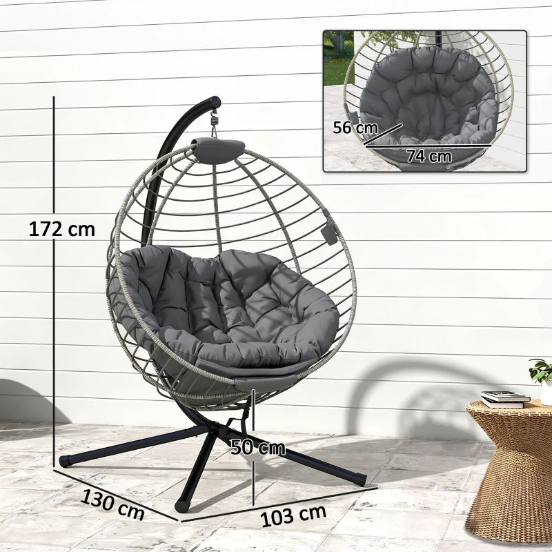 Outsunny PE Rattan Swing Chair, Outdoor Hanging Chair with Metal Stand, Thick Padded Cushion, Foldable Basket and Cup Holder, for Indoor and Outdoor, Grey