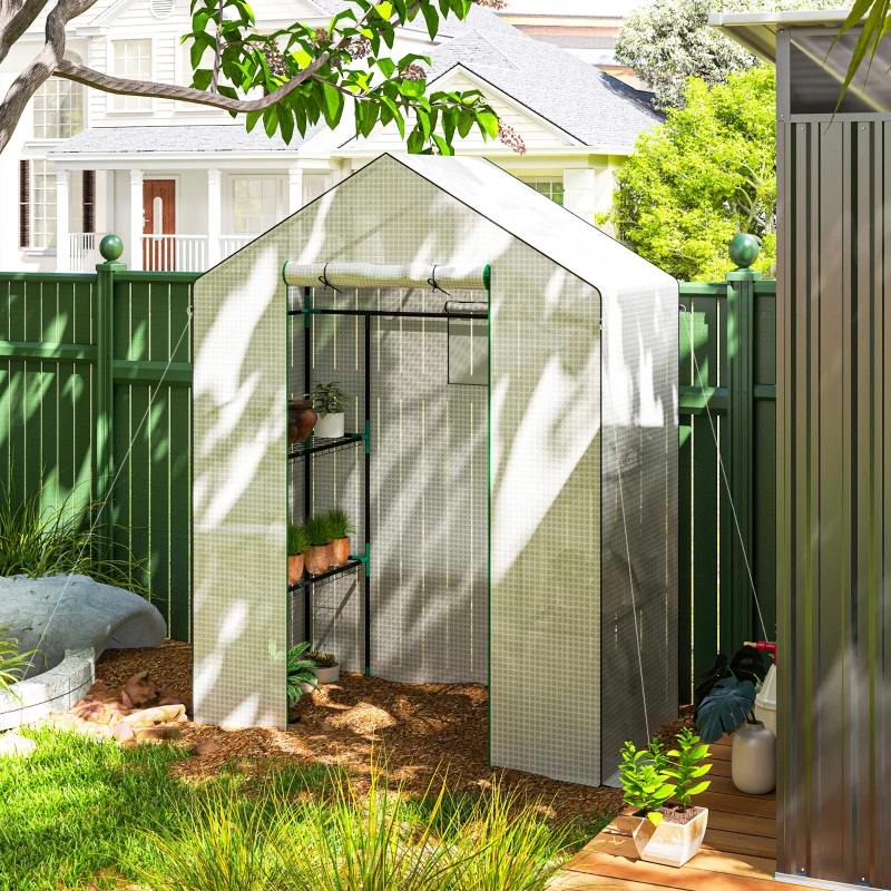 Outsunny Serre de jardin avec 1 porte, 2 fenêtres et 2 étagères en forme de U pour Légumes Plantes Fleurs Bâche PE 140x73x190 cm