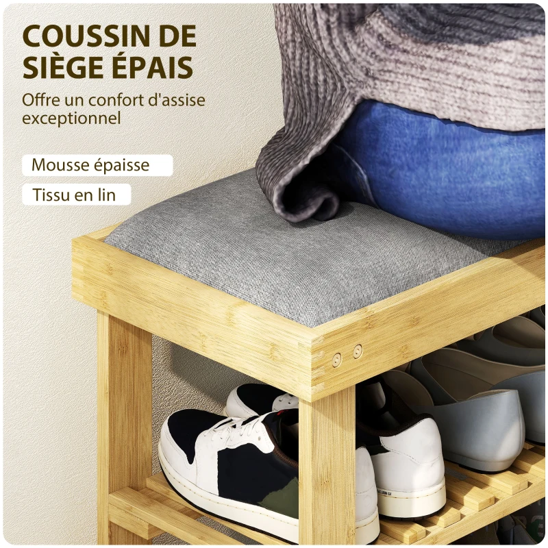HOMCOM Banc à chaussures en bambou, étagère à chaussures à 3 niveaux, style scandinave, 60 x 29 x 49 cm, gris et bois naturel