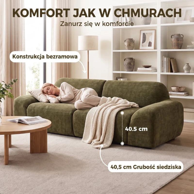 HOMCOM Sofa 3-osobowa, zaokrąglona i bezramowa, z przestronnym siedziskiem, grubo tapicerowana, bez montażu, Ciemnozielony