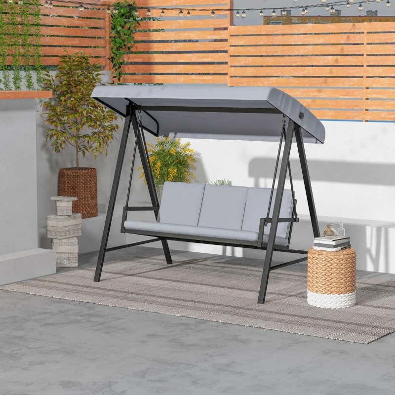 Outsunny Three-Seat Garden Swing Chair, with Adjustable Canopy - Grey