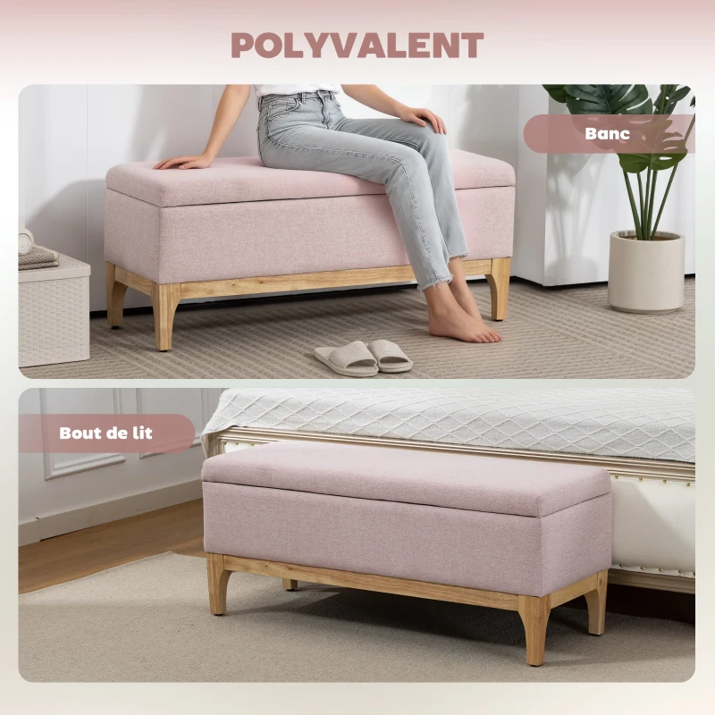 HOMCOM Banc de rangement, coffre de rangement avec couvercle amovible style scandinave, en tissu lin, 110 x 39 x 45 cm, rose