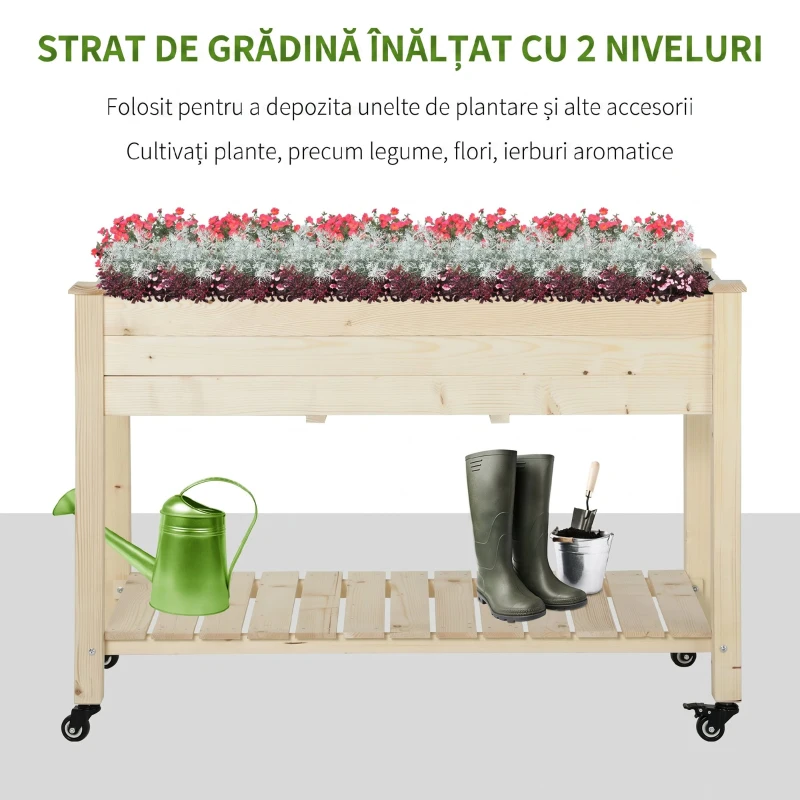 Outsunny Pat de grădină înălțat din lemn cu roți și raft inferior, 118x55x83cm, lemn natural