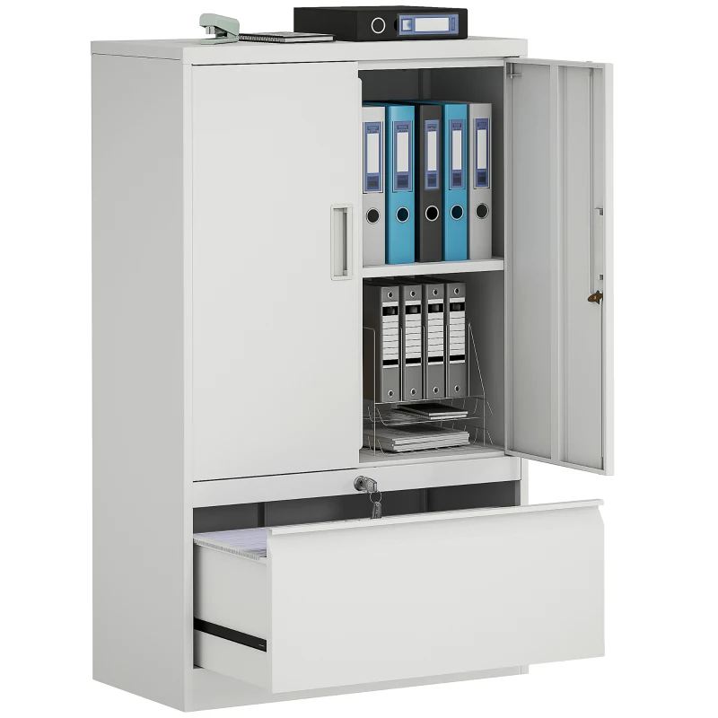 HOMCOM Dulap de Birou din Oțel cu Raft Interior Reglabil și Sertar, 80x40x130 cm, Alb