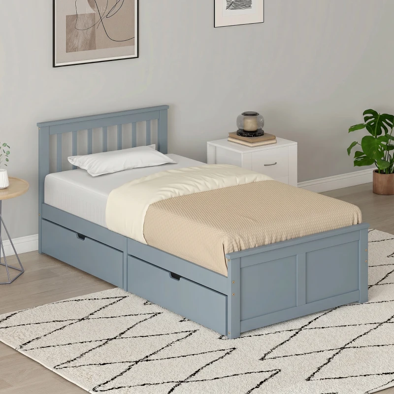 HOMCOM Pine Storage Bed, 3ft Single Solid Wooden Bed Frame with Drawers, Headboard, Wood Slat Support, Grey