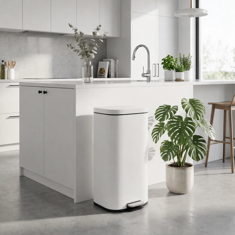 HOMCOM 30L Kitchen Bin, Compact Pedal Bin with Soft-Close and Stay-Open Lid, Removable Bucket for Kitchen, Home, Office, White