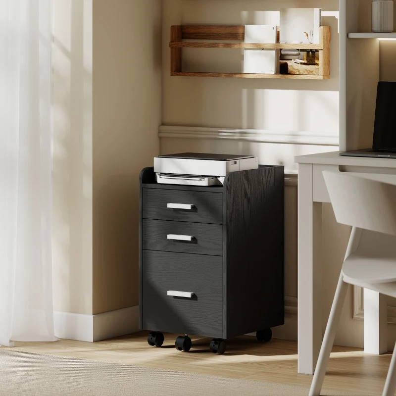 HOMCOM 3 Drawer Filing Cabinet, Rolling File Cabinet with Edged Top for Letter, A4 Size, Hanging File Folders, Black