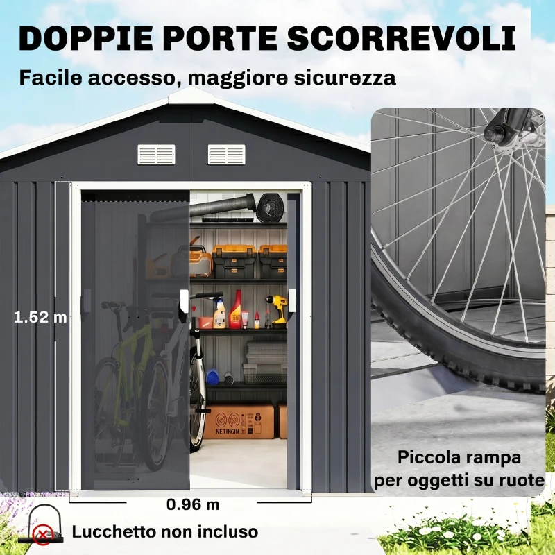 Outsunny Casetta da Giardino con 2 Porte Scorrevoli e 4 Prese d'Aria, in Acciaio, 322x277x192 cm, Grigio