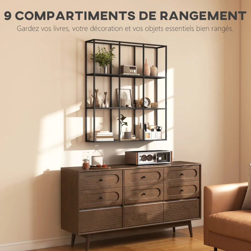HOMCOM Étagère Murale Industrielle 9 Compartiments, Étagère Modulaire en Métal pour Objets de Collection, 87,5x18x100cm Noir